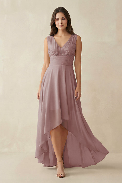 Dusty Rose V-Neck High-Low Chiffon Bridesmaid Dress | KISSBRIDAL