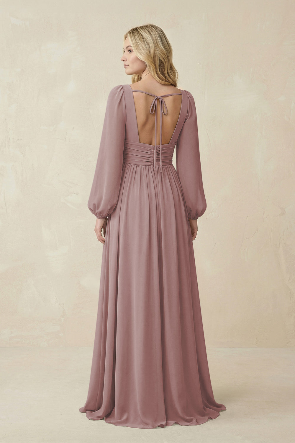 V-Neck Long Sleeve A-Line Chiffon Bridesmaid Dress in Dusty Rose