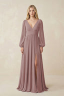 Dusty Rose V-Neck Long Sleeve A-Line Chiffon Bridesmaid Dress | KISSBRIDAL