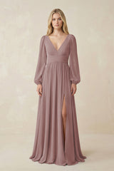 Dusty Rose V-Neck Long Sleeve A-Line Chiffon Bridesmaid Dress | KISSBRIDAL