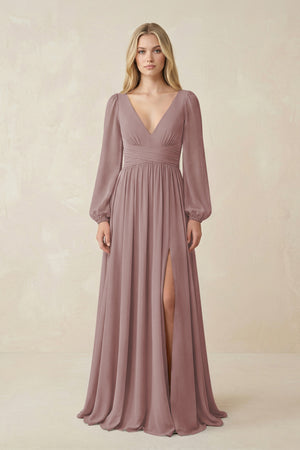 Dusty Rose V-Neck Long Sleeve A-Line Chiffon Bridesmaid Dress | KISSBRIDAL