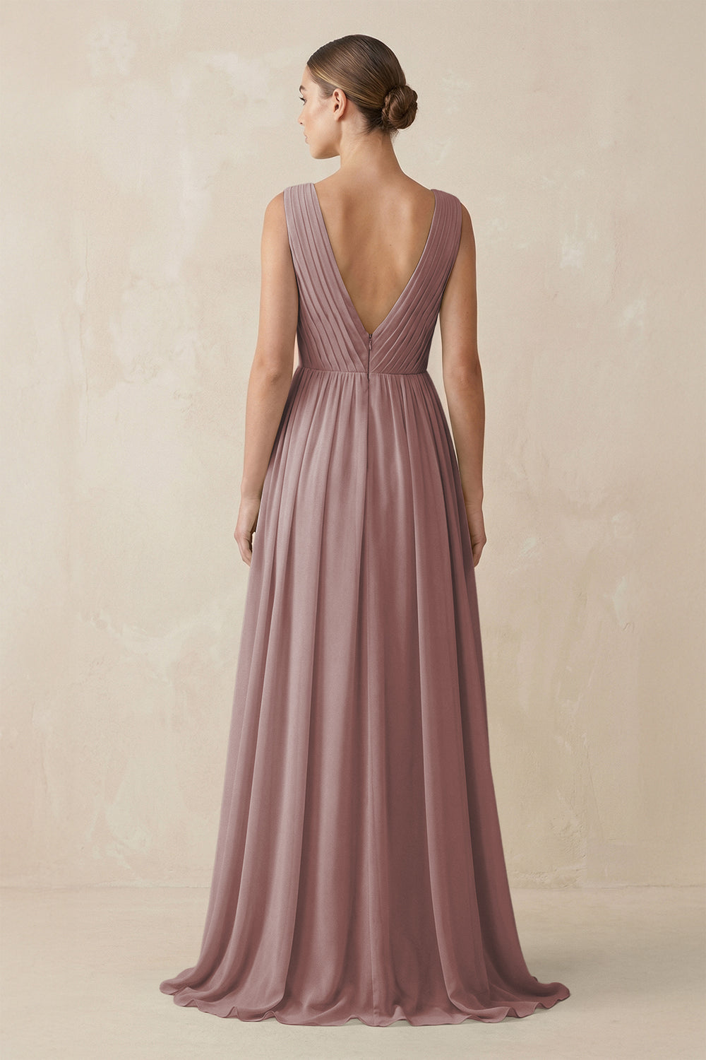 V-Neck Pleated A-Line Chiffon Bridesmaid Dress in Dusty Rose