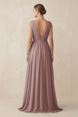 Dusty Rose V-Neck Pleated A-Line Chiffon Bridesmaid Dress (2) | KISSBRIDAL