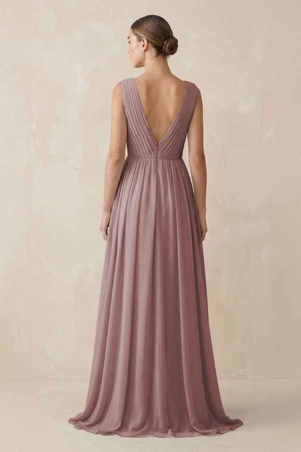Dusty Rose V-Neck Pleated A-Line Chiffon Bridesmaid Dress (2) | KISSBRIDAL