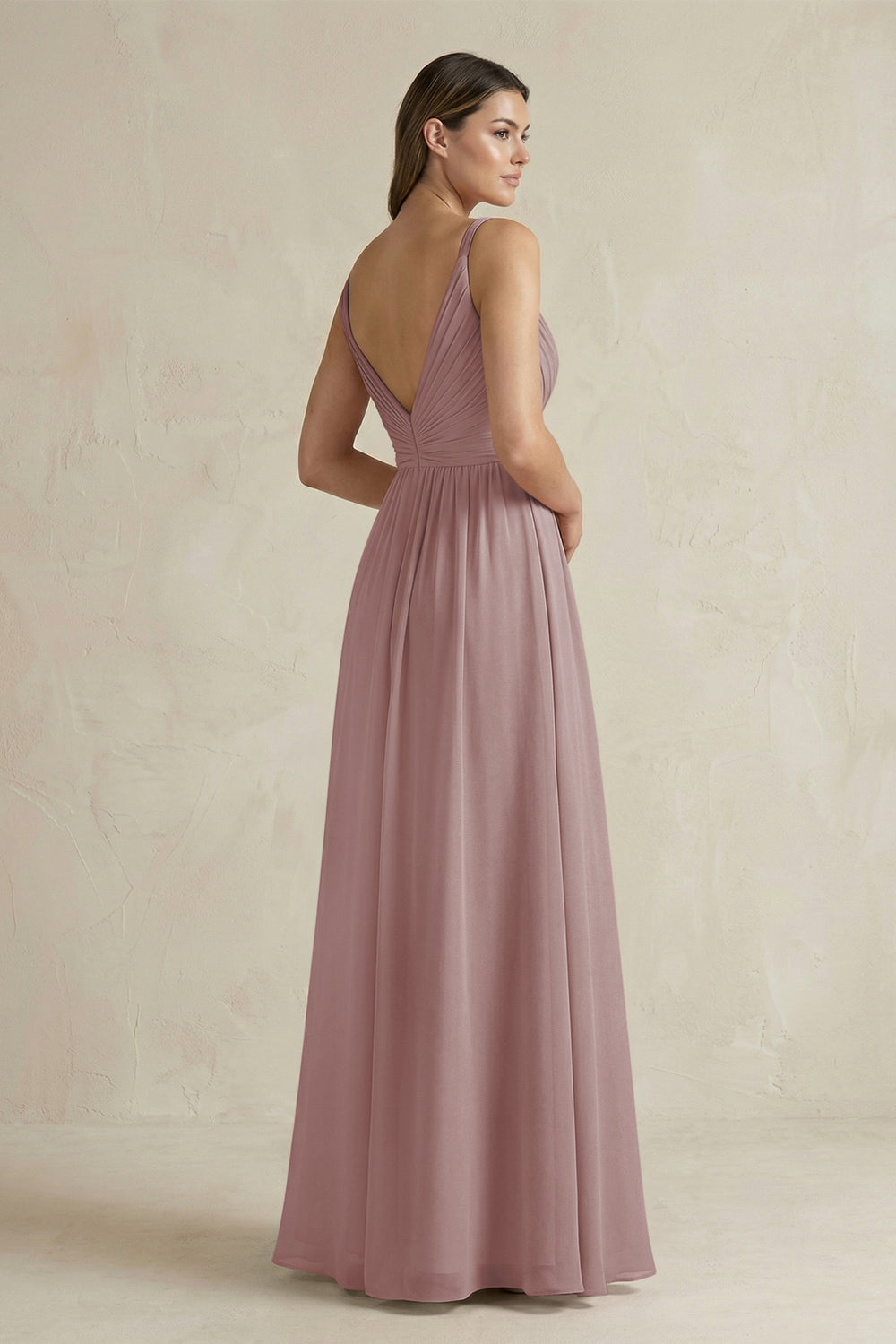 V-Neck Pleated A-Line Chiffon Bridesmaid Dress in Dusty Rose