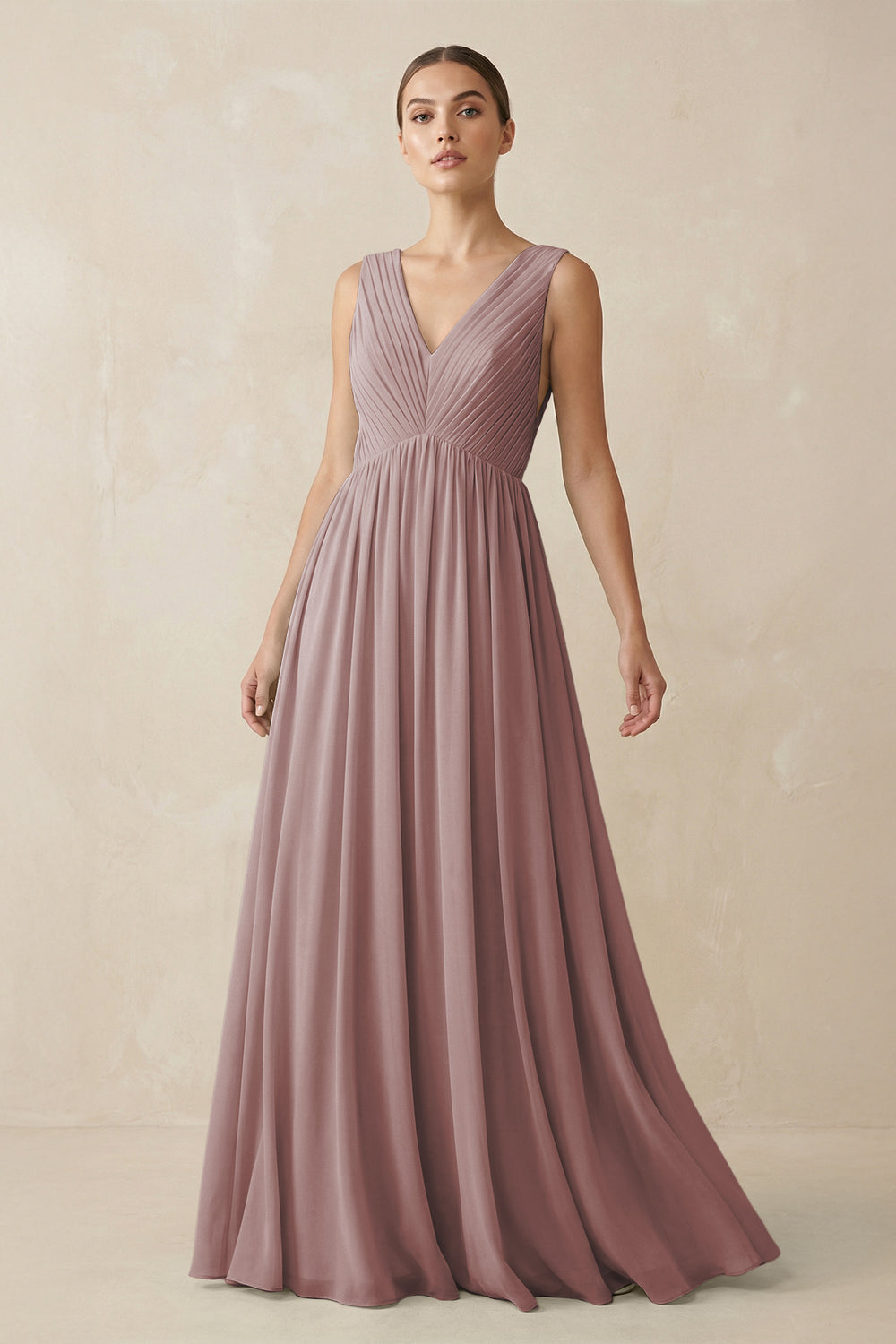 V-Neck Pleated A-Line Chiffon Bridesmaid Dress in Dusty Rose