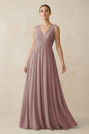 Dusty Rose V-Neck Pleated A-Line Chiffon Bridesmaid Dress | KISSBRIDAL