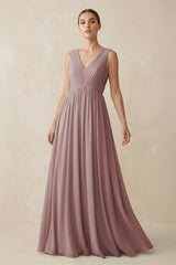 Dusty Rose V-Neck Pleated A-Line Chiffon Bridesmaid Dress | KISSBRIDAL
