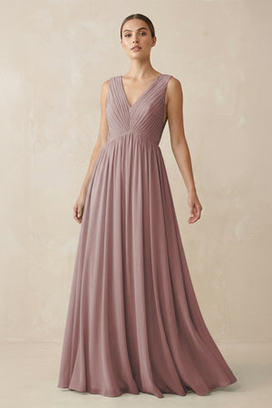 Dusty Rose V-Neck Pleated A-Line Chiffon Bridesmaid Dress | KISSBRIDAL