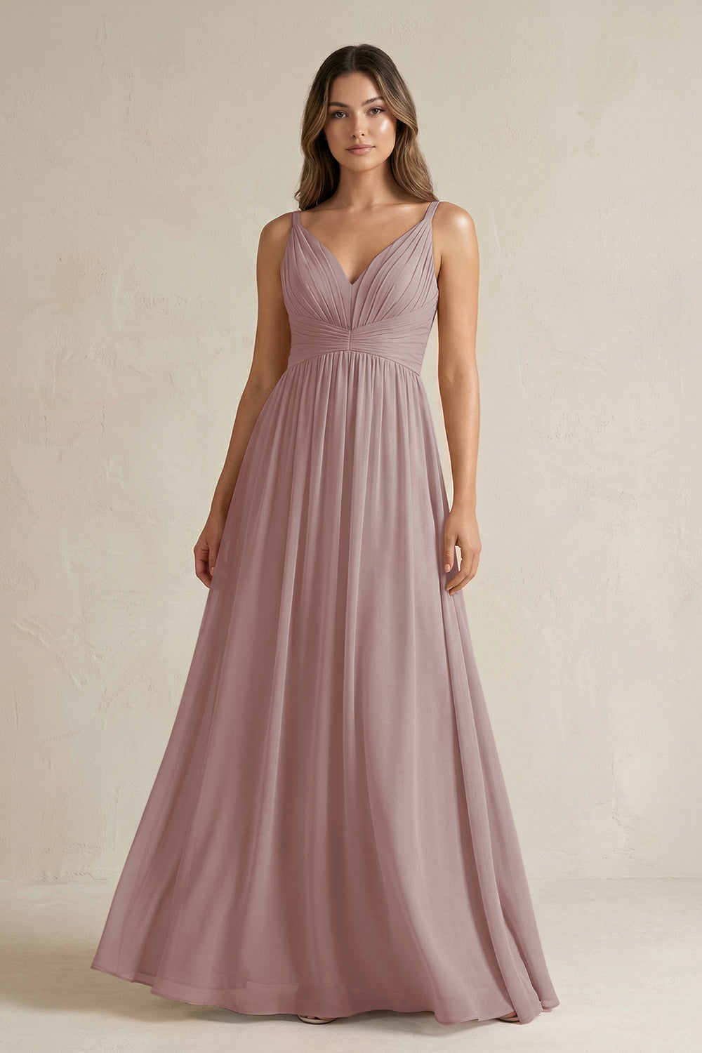 V-Neck Pleated A-Line Chiffon Bridesmaid Dress in Dusty Rose