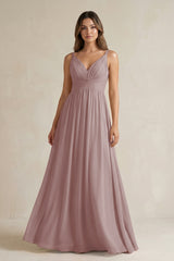 Dusty Rose V-Neck Pleated A-Line Chiffon Bridesmaid Dress | KISSBRIDAL