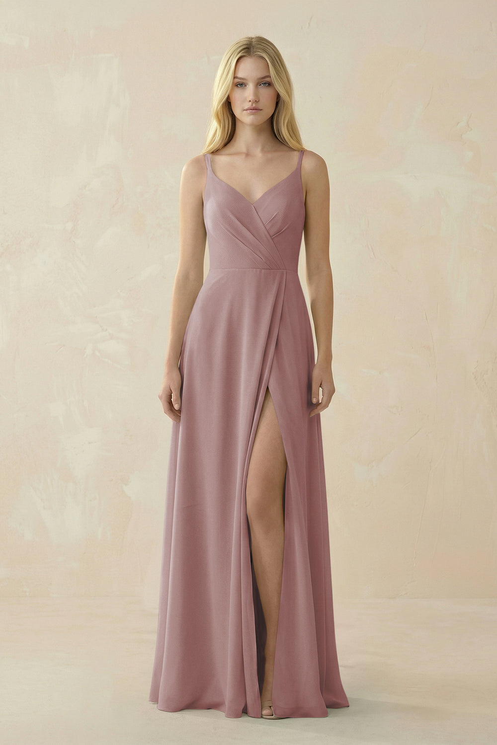 V-Neck Ruched Chiffon Bridesmaid Dress with Slit in Dusty Rose
