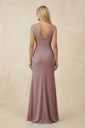 Dusty Rose V-Neck Ruched Sheath Bridesmaid Dress with Slit (2) | KISSBRIDAL