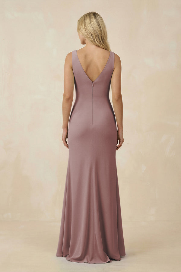 Dusty Rose V-Neck Ruched Sheath Bridesmaid Dress with Slit (2) | KISSBRIDAL