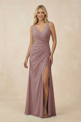 Dusty Rose V-Neck Ruched Sheath Bridesmaid Dress with Slit | KISSBRIDAL