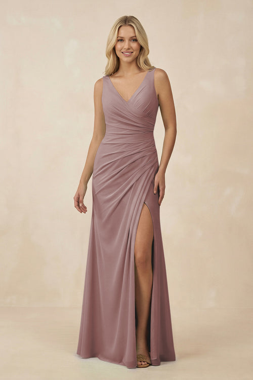 Dusty Rose V-Neck Ruched Sheath Bridesmaid Dress with Slit | KISSBRIDAL