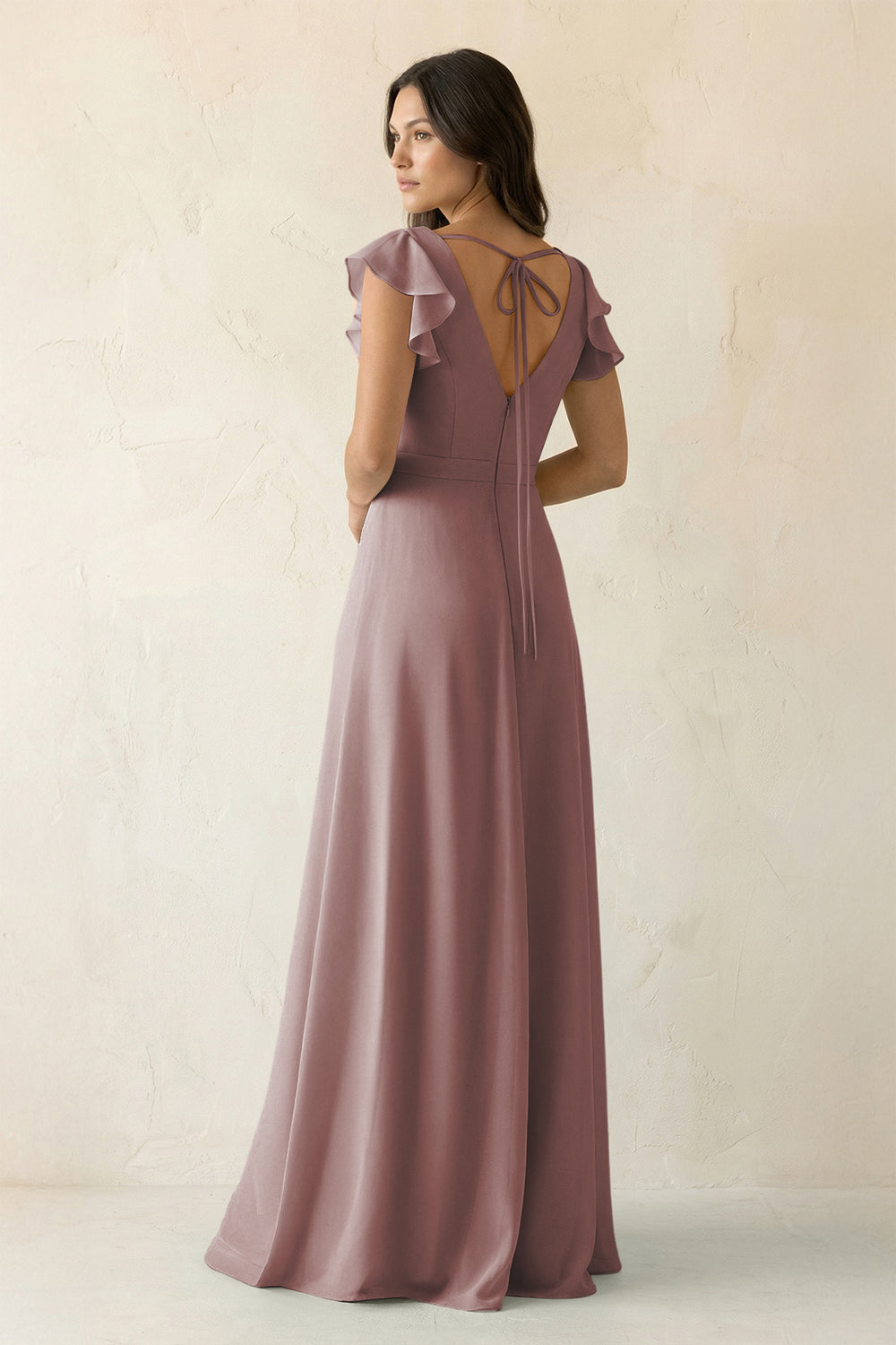 V-Neck Ruffled A-Line Chiffon Bridesmaid Dress in Dusty Rose