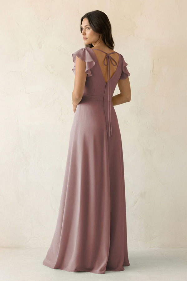 Dusty Rose V-Neck Ruffled A-Line Chiffon Bridesmaid Dress (2) | KISSBRIDAL