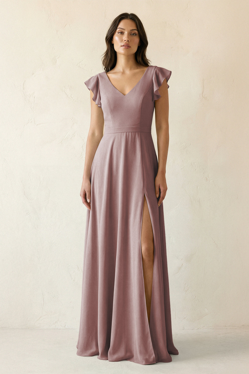 V-Neck Ruffled A-Line Chiffon Bridesmaid Dress in Dusty Rose