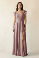 Dusty Rose V-Neck Ruffled A-Line Chiffon Bridesmaid Dress | KISSBRIDAL