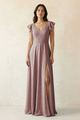 Dusty Rose V-Neck Ruffled A-Line Chiffon Bridesmaid Dress | KISSBRIDAL