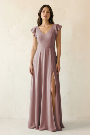 Dusty Rose V-Neck Ruffled A-Line Chiffon Bridesmaid Dress | KISSBRIDAL