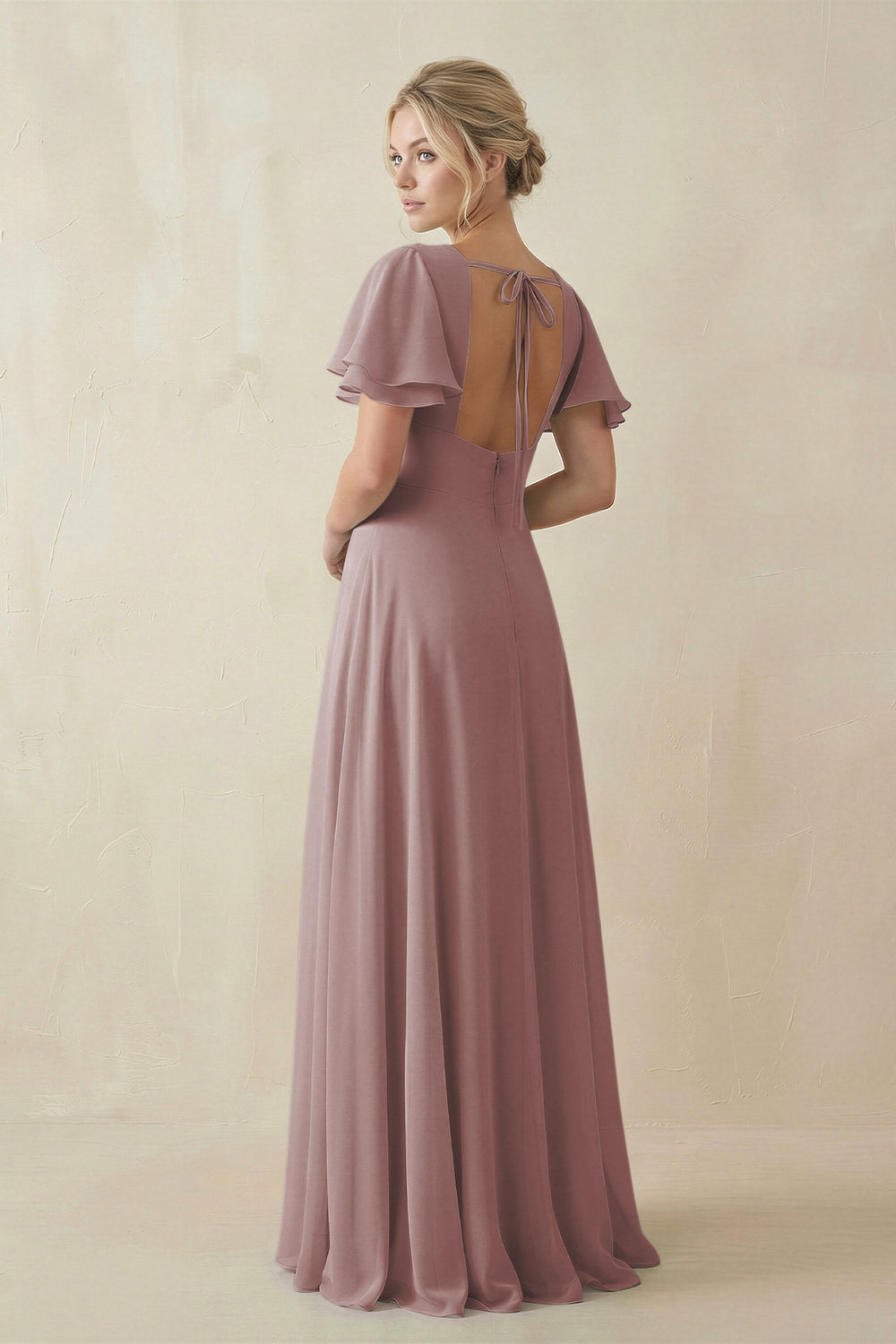 V-Neck Ruffled Short Sleeves A-Line Bridesmaid Dress in Dusty Rose