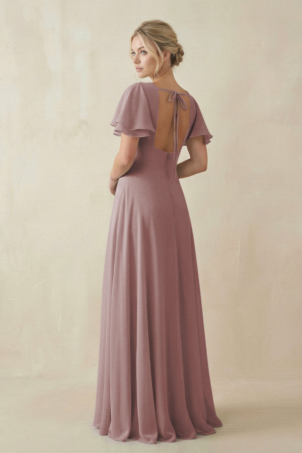 Dusty Rose V-Neck Ruffled Short Sleeves A-Line Bridesmaid Dress (2) | KISSBRIDAL