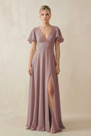 Dusty Rose V-Neck Ruffled Short Sleeves A-Line Bridesmaid Dress | KISSBRIDAL