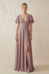 Dusty Rose V-Neck Ruffled Short Sleeves A-Line Bridesmaid Dress | KISSBRIDAL
