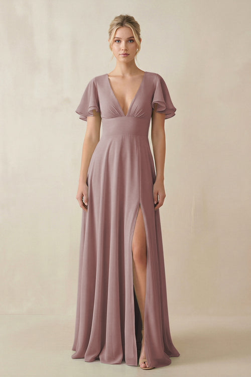 Dusty Rose V-Neck Ruffled Short Sleeves A-Line Bridesmaid Dress | KISSBRIDAL