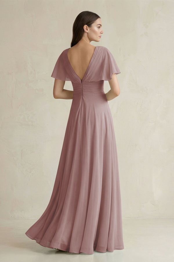 Dusty Rose V-Neck Ruffled Sleeve A-Line Chiffon Bridesmaid Dress (2) | KISSBRIDAL