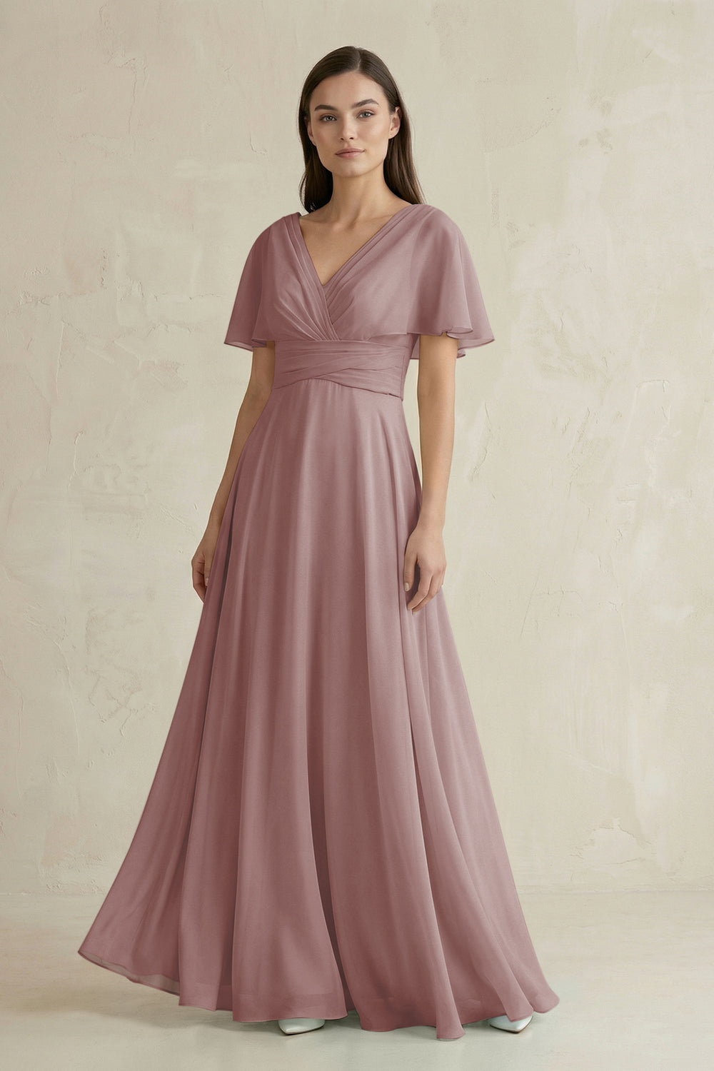 V-Neck Ruffled Sleeve A-Line Chiffon Bridesmaid Dress in Dusty Rose