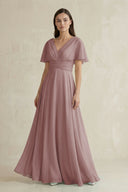 Dusty Rose V-Neck Ruffled Sleeve A-Line Chiffon Bridesmaid Dress | KISSBRIDAL