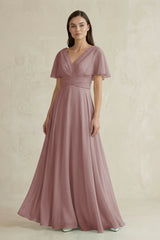 Dusty Rose V-Neck Ruffled Sleeve A-Line Chiffon Bridesmaid Dress | KISSBRIDAL