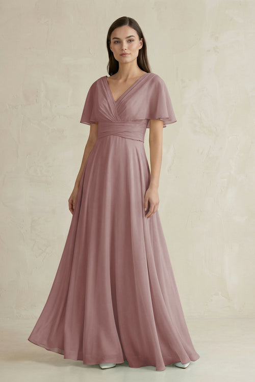 Dusty Rose V-Neck Ruffled Sleeve A-Line Chiffon Bridesmaid Dress | KISSBRIDAL