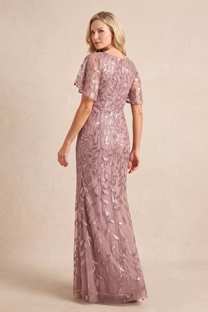 Dusty Rose V-Neck Sheath Tulle Appliqued Mother of the Bride Dress with Sleeves (2) | KISSBRIDAL