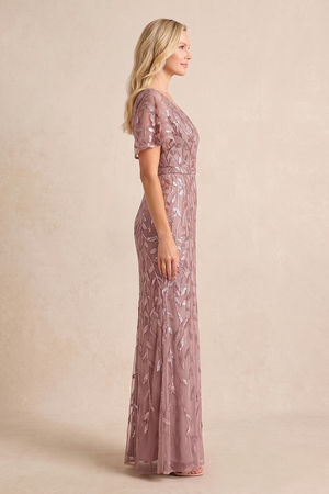 Dusty Rose V-Neck Sheath Tulle Appliqued Mother of the Bride Dress with Sleeves (3) | KISSBRIDAL