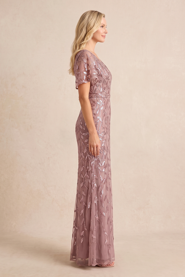 Dusty Rose V-Neck Sheath Tulle Appliqued Mother of the Bride Dress with Sleeves (3) | KISSBRIDAL