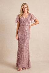 Dusty Rose V-Neck Sheath Tulle Appliqued Mother of the Bride Dress with Sleeves | KISSBRIDAL
