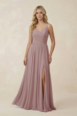 Dusty Rose V-Neck Spaghetti Strap A-Line Chiffon Bridesmaid Dress | KISSBRIDAL