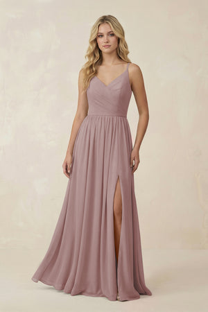 Dusty Rose V-Neck Spaghetti Strap A-Line Chiffon Bridesmaid Dress | KISSBRIDAL