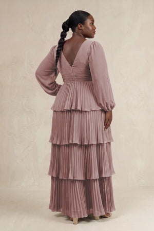 Dusty Rose V-Neck Tiered A-Line Long Sleeve Bridesmaid Dress (2) [sizeplus] | KISSBRIDAL