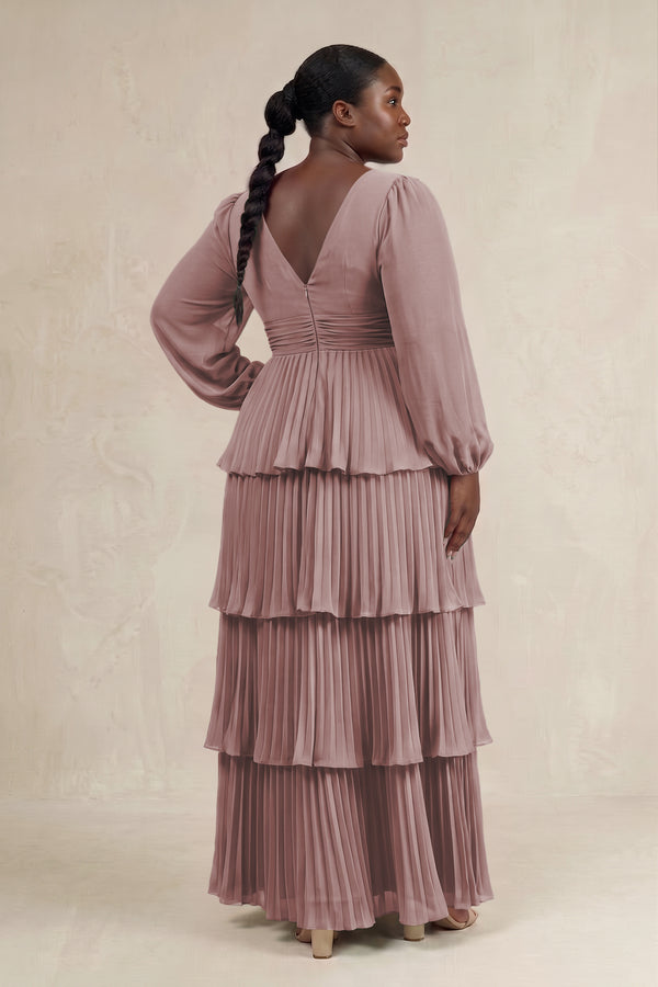 Dusty Rose V-Neck Tiered A-Line Long Sleeve Bridesmaid Dress (2) [sizeplus] | KISSBRIDAL
