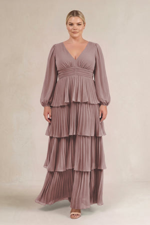 Dusty Rose V-Neck Tiered A-Line Long Sleeve Bridesmaid Dress (3) [sizeplus] | KISSBRIDAL