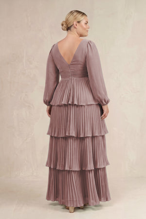 Dusty Rose V-Neck Tiered A-Line Long Sleeve Bridesmaid Dress (4) [sizeplus] | KISSBRIDAL
