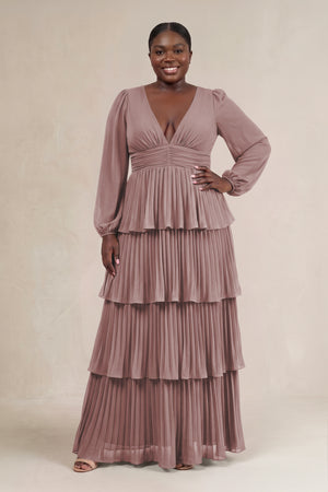 Dusty Rose V-Neck Tiered A-Line Long Sleeve Bridesmaid Dress [sizeplus] | KISSBRIDAL