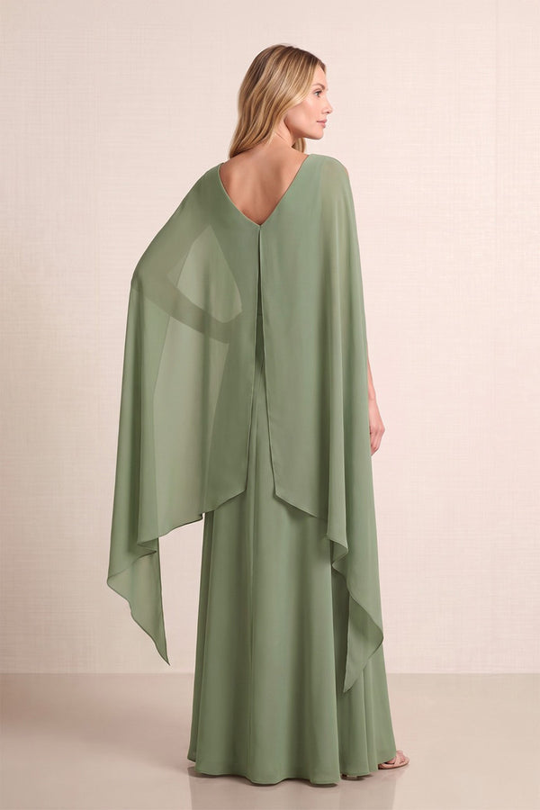 Dusty Sage A-Line Cape Sleeves Chiffon Mother of the Bride Dress (2) | KISSBRIDAL