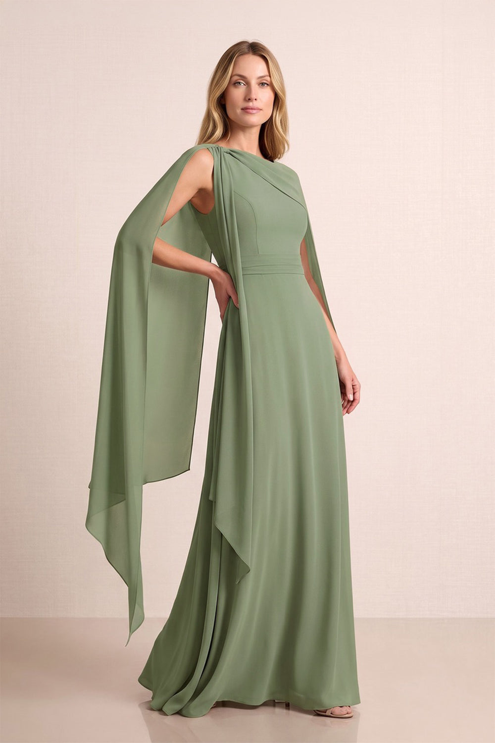 Dusty Sage A-Line Cape Sleeves Chiffon Mother of the Bride Dress