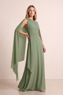 Dusty Sage A-Line Cape Sleeves Chiffon Mother of the Bride Dress | KISSBRIDAL